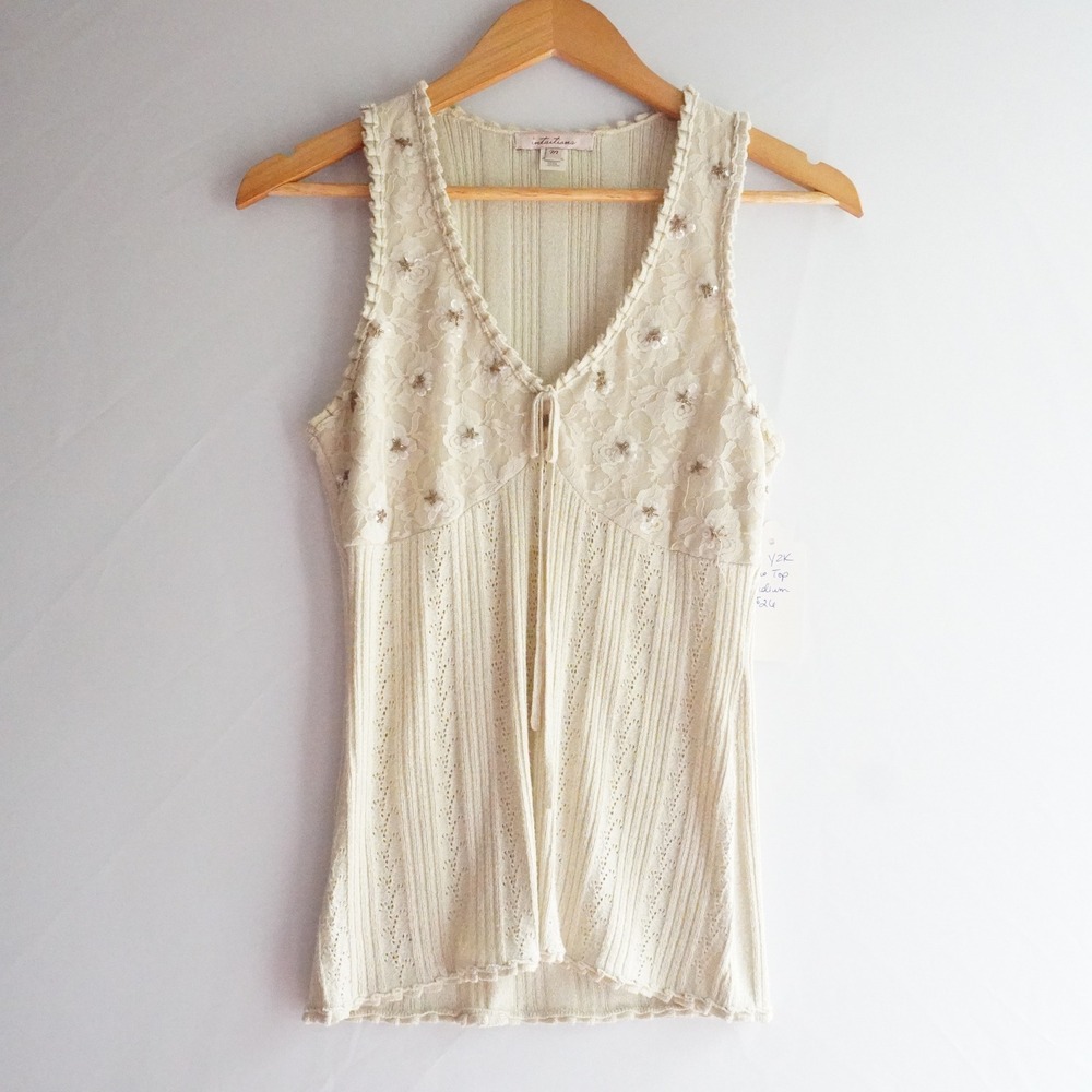 VTG Intuitions Y2K Boho Knit Tank Top Cream Gold Metallic Lace Sequin Medium